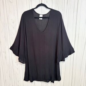 ANNE COLE Black V-neck Lightweight Bell Sleeve Tunic Coverup Dress, M/L